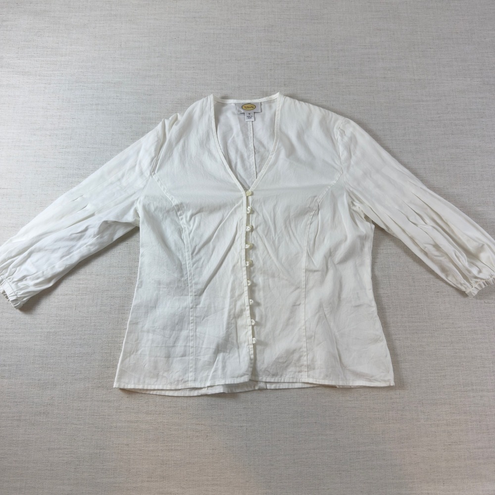 Talbots Blouse Womens 12 White 100% Cotton V Neck Puff Sleeve Button Down